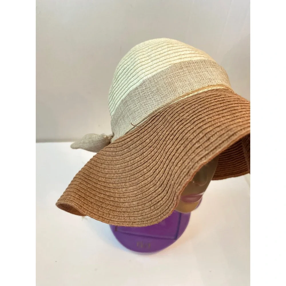 Ugurlu Women Two Tone Wide Brim Sun Hat Brown Cream‎ Woven Straw Bow coastal